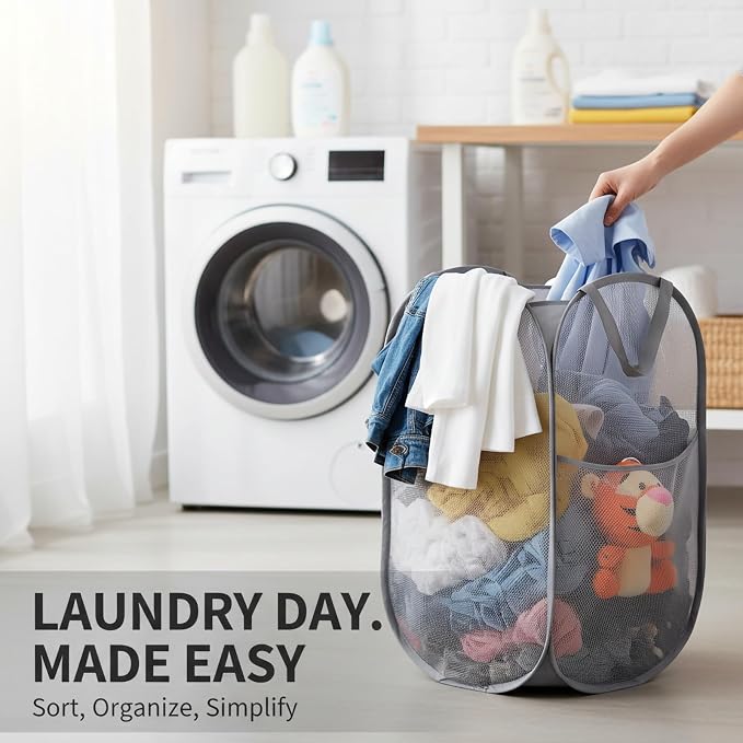 Kimmama Large Collapsible Mesh Laundry Basket, Foldable Pop Up Laundry Hamper - Image 4