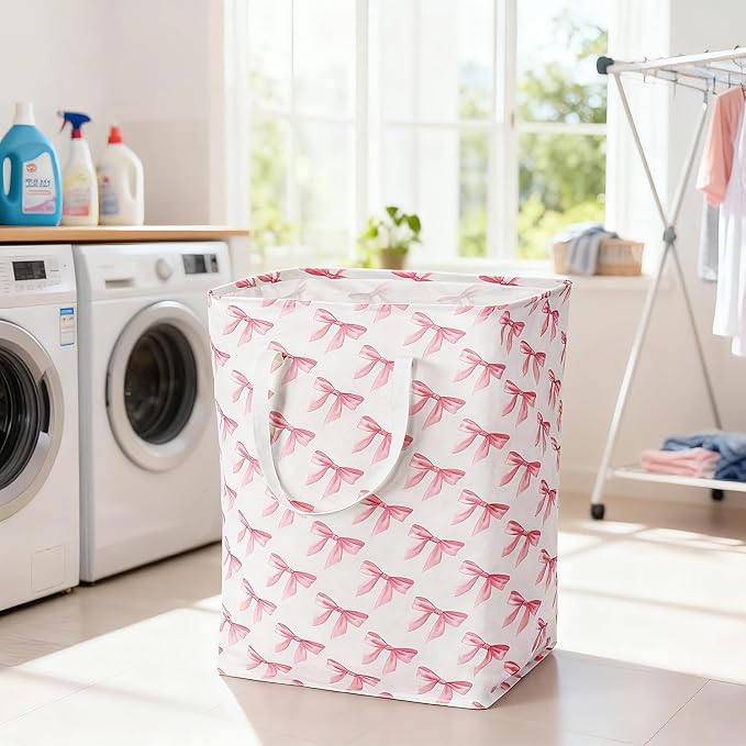 Pink Laundry Basket with Bow, Coquette Pink Laundry Hamper by Unknown