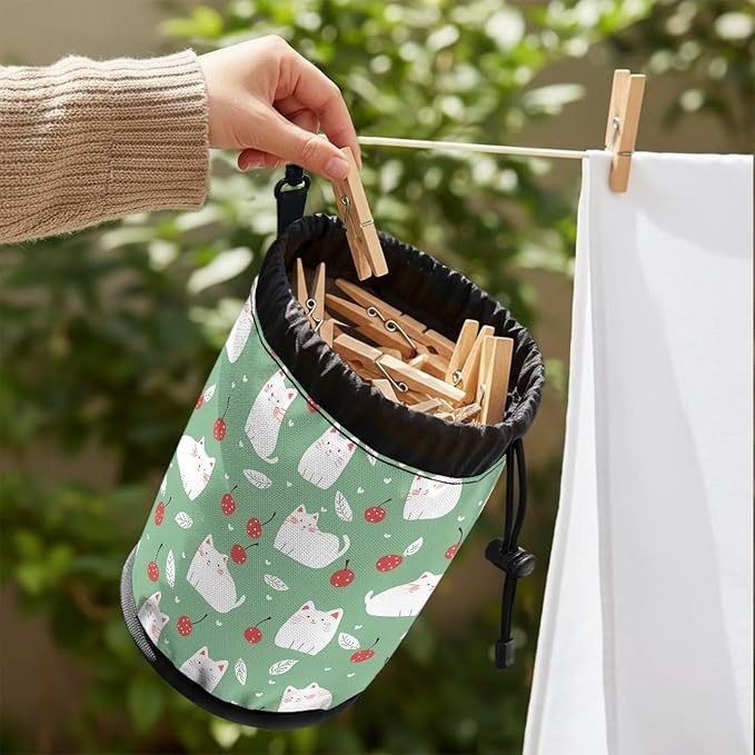 Cat Cherry Clothespin Bag with Hooks Hanging Clothes Pin Bag with Drawstring - Image 4