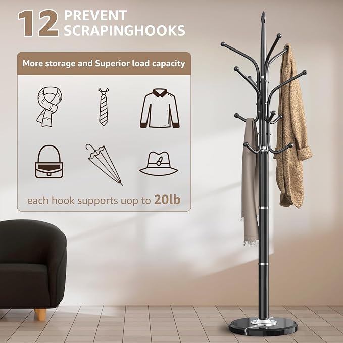 Heavy Duty Coat Rack with Marble Base, Freestanding Hall Coat Tree with 12 - Image 2