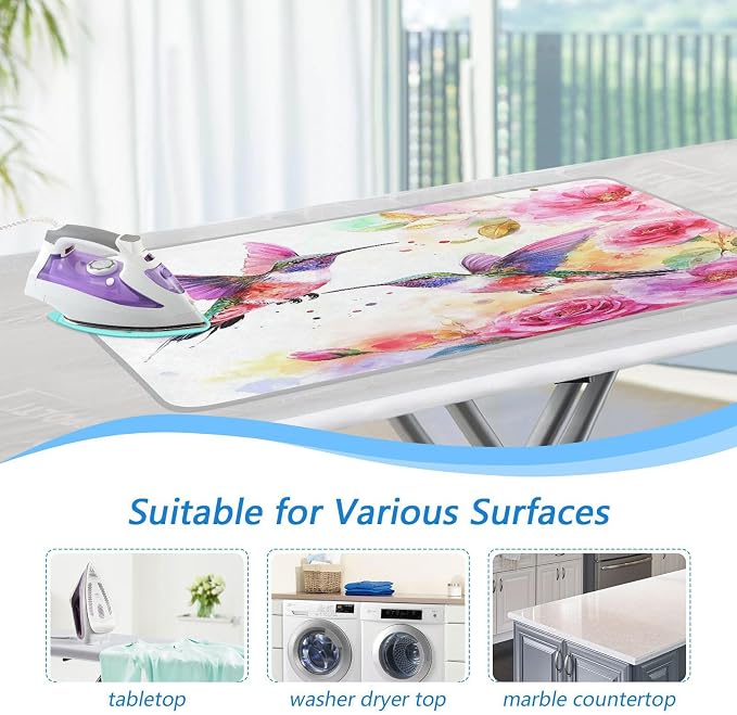 Watercolor Rose Pink Spring Hummingbird White Ironing Mat - Image 5