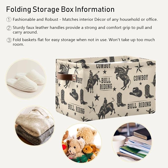 Western Cowboy Beige Rectangular Storage Bin Basket - Image 5
