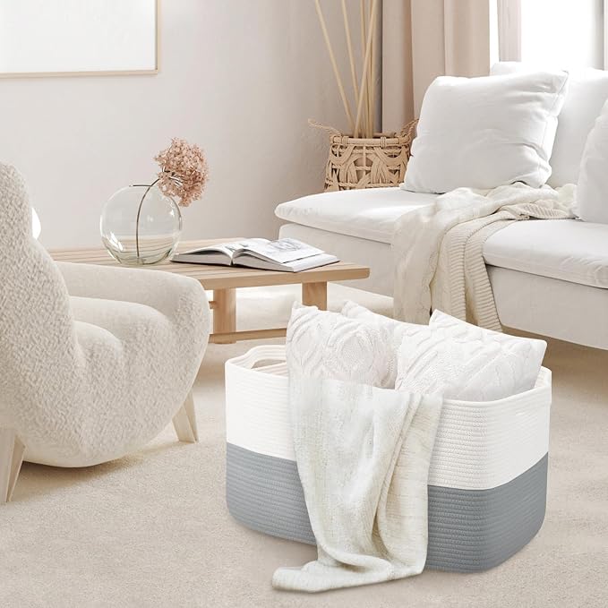 Extra Large Laundry Basket, Rectangle Woven Cotton Rope Storage Basket - Image 6