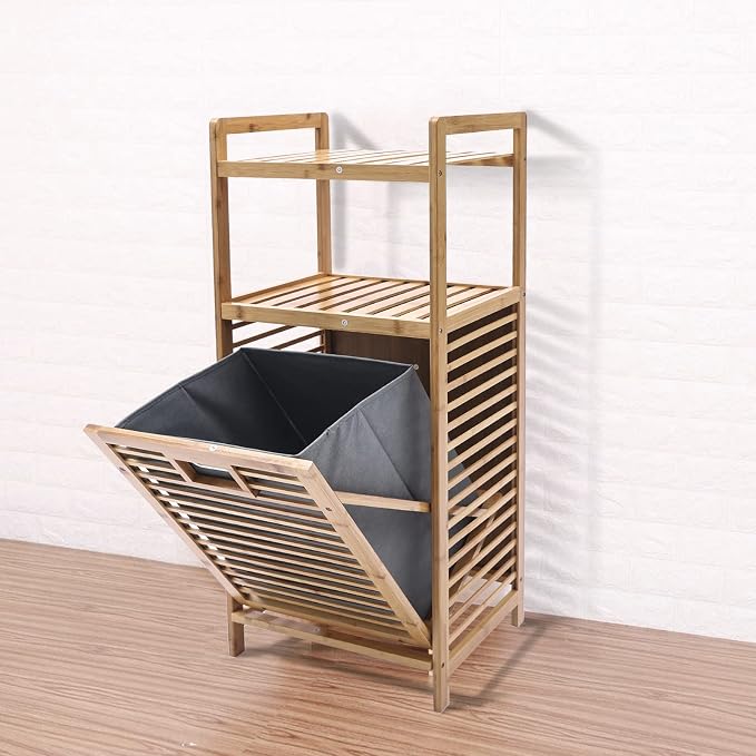 3 Tier Bamboo Laundry Hamper, Large Capacity Free Standing Hamper - Image 6