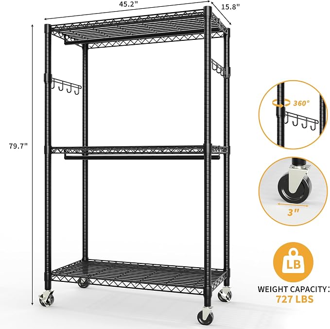 Rolling Clothes Rack, Portable Wire Rack - Image 2