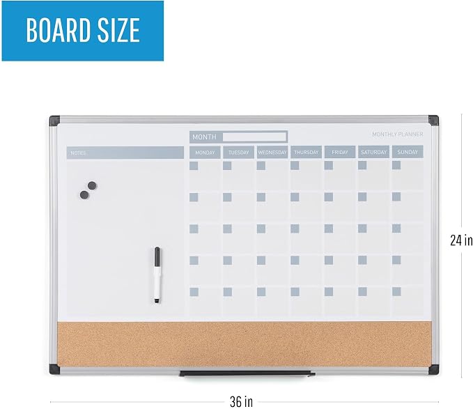 MasterVision Magnetic Dry Erase Monthly Calendar Planner Push Pin Corkboard - Image 2