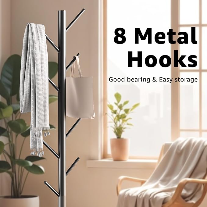 Coat Rack with Natural Marble Base, Metal Freestanding Coat Rack with 8 Hooks - Image 3