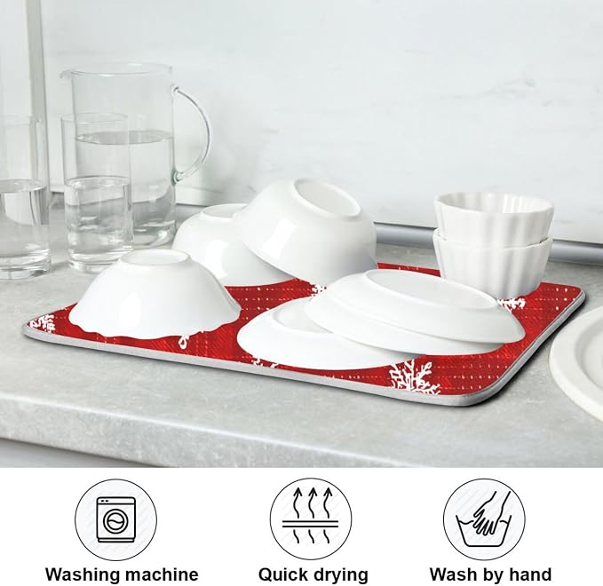 White Snowflake Pattern on Red Dish Drying Mat Super Absorbent Drying Mat 18x24 - Image 7