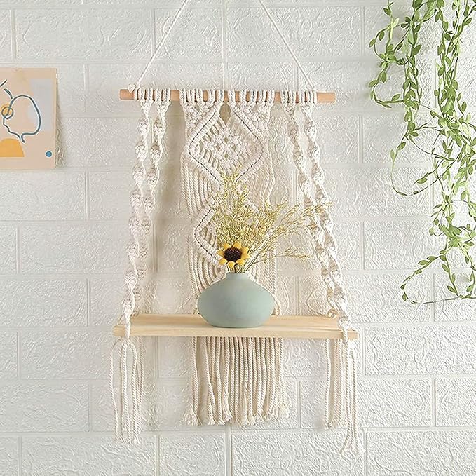 Mong Handmade Macrame Wall Hanging Shelf, Boho Indoor Rope Plant Pot Basket - Image 2