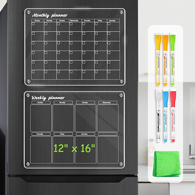 WALGLASS Acrylic Calendar for Fridge, Monthly Clear Acrylic Magnetic Dry Erase by WALGLASS