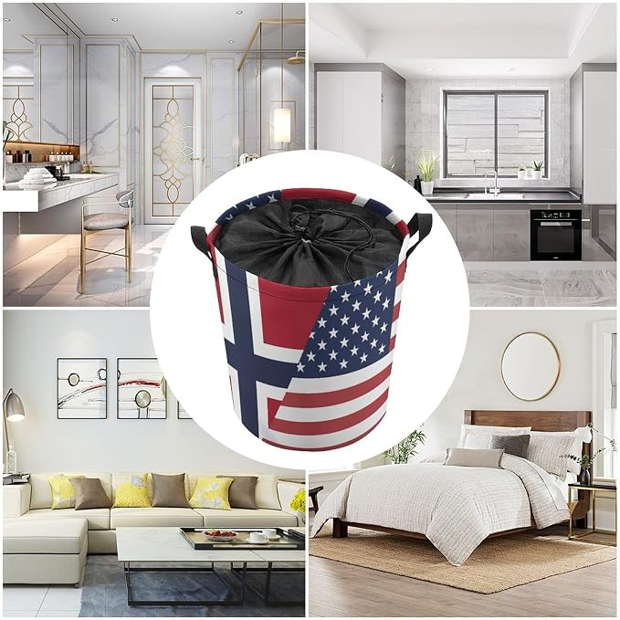 U.S. Norway Flag Round Laundry Bag Collapsible Storage Hamper Basket - Image 5