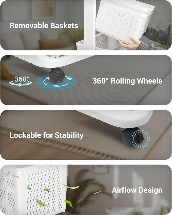 4 Tier Laundry Basket Organizer, 92L Vertical Laundry Hamper, Removable Rolling - Image 5
