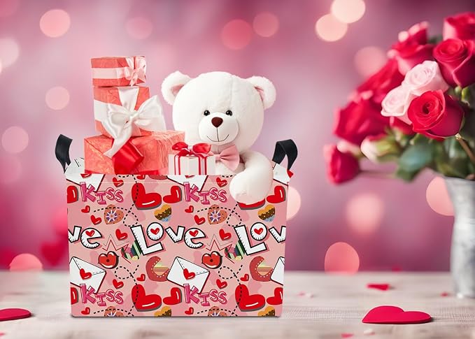Rectangular Heart Print Storage Basket Empty, Collapsible Gift Basket - Image 4