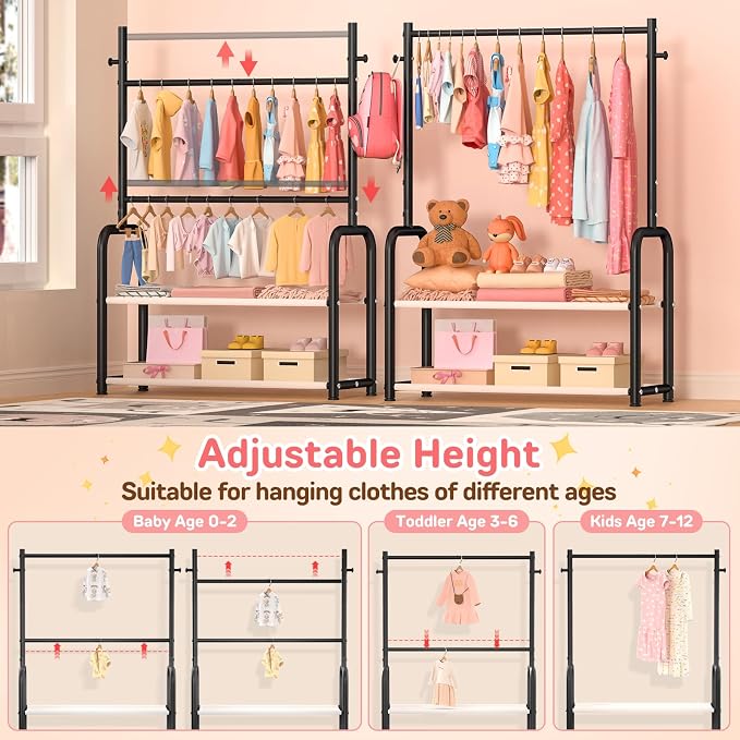 Kids Clothing Rack with 2-Layer Storage Shelf and 2 Adjustable Hanging Rods - Image 3