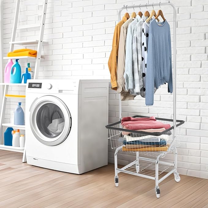 Laundry Cart With Hanging Rack, 110 lbs Capacity Rolling Laundry Basket with - Image 8