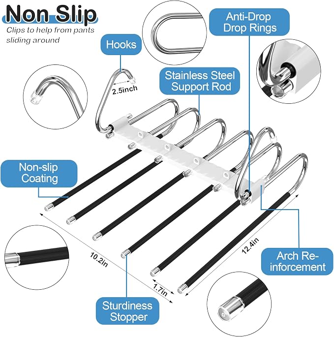 Upgrade 6 Layers Pants Hangers Space Saving, 2 Pack Non Slip Stainless Steel - Image 4