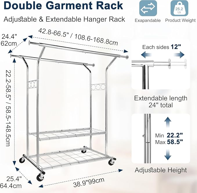 Whitmor Heavy Duty Clothing Rack: Adjustable & Extendable Rolling Garment Rack - Image 2