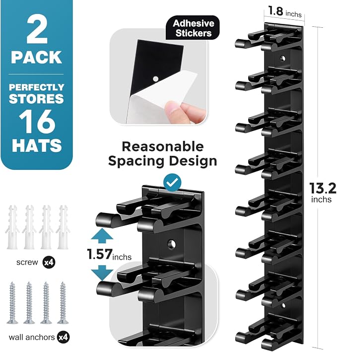 Hat Organizer for Baseball Caps, 2 Pack Hat Rack for Wall Closet Door Hold up - Image 8