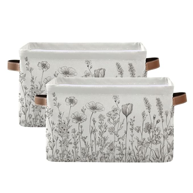 Floral Flower White Rectangular Storage Bin Basket by DOMIKING
