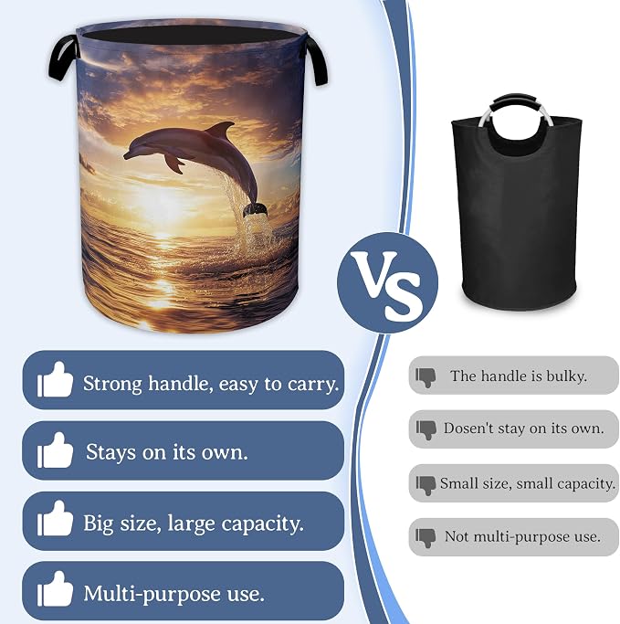 Dolphins Laundry Basket, Foldable Oxford Cloth Sunset Laundry Hamper - Image 3