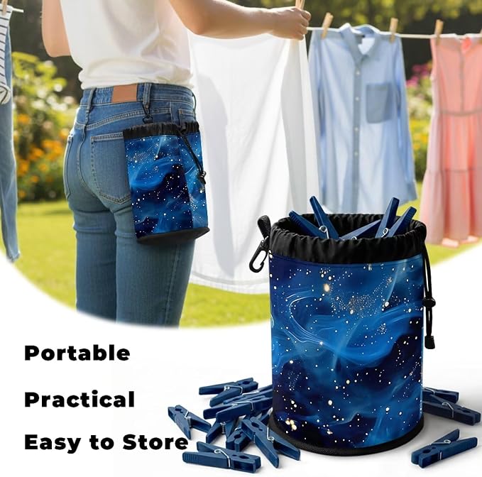 Clothespin Bag Holder Outside, Starry Sky Fluid Pattern Hanging Clothes Pin Bag - Image 5