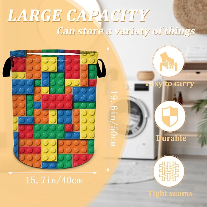 Colorful Building Blocks Laundry Basket, Bricks Laundry Hamper, Oxford - Image 2