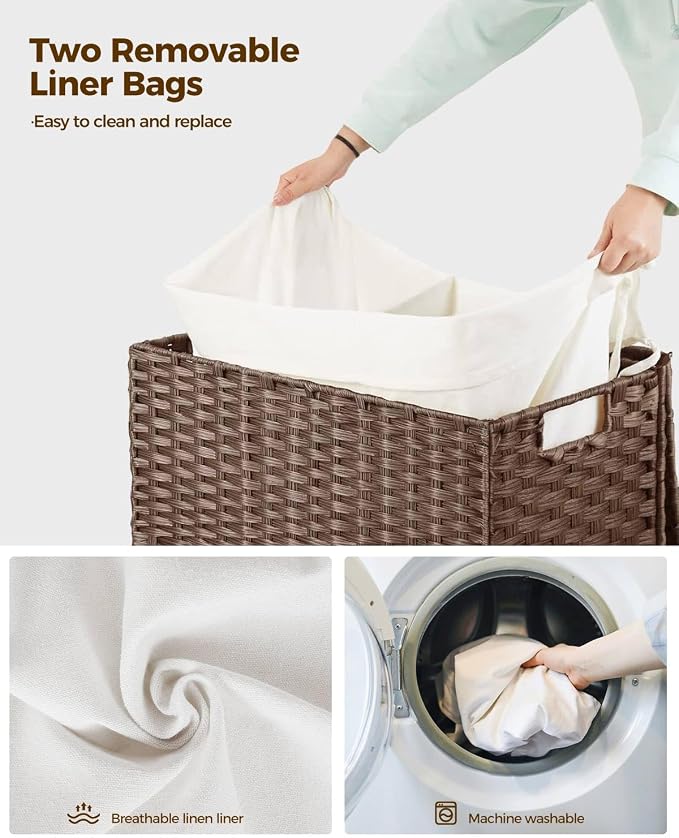 Greenstell Laundry Hamper with Wheels, No Install Needed, 90L Divided Handwoven - Image 5
