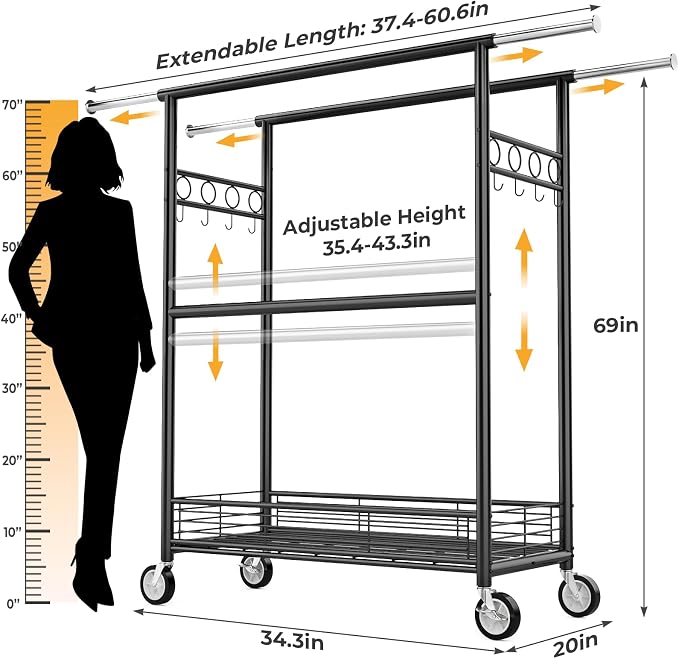 Heavy Duty Clothes Rack Load 960LBS, Three Rods Rolling Clothing Racks - Image 5