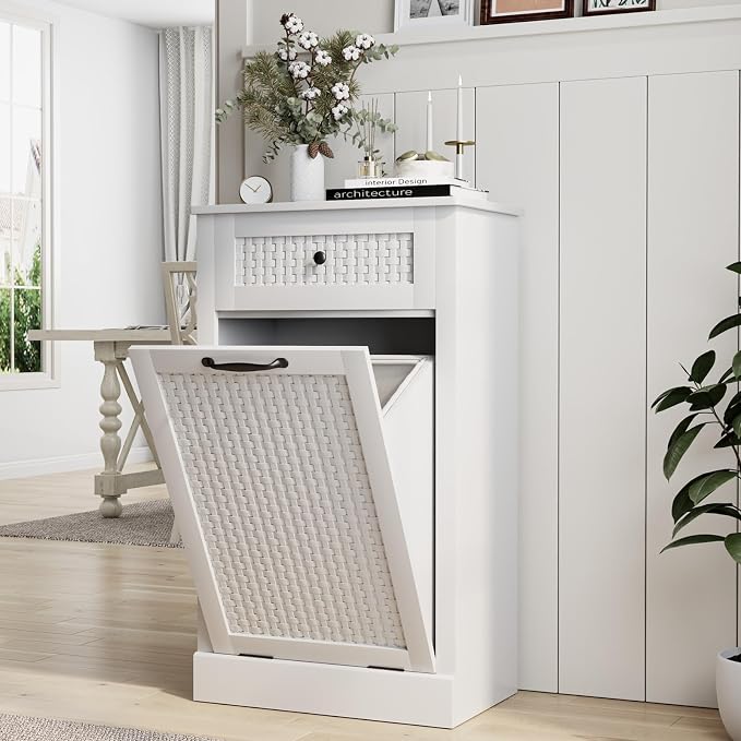 Tilt Out Laundry Hamper Cabinet, Rattan-Style Laundry Room Organization by Unknown