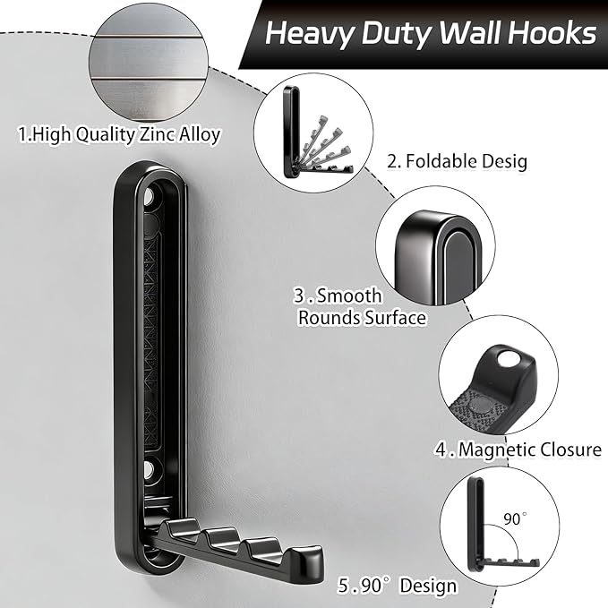 2 Pcs Extended Folding Coat Hooks Wall Mounted, 4.33 in Black Foldable Wall - Image 3