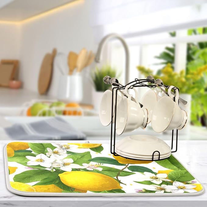 Yellow Lemon and White Flower Dish Drying Mat Super Absorbent Drying Mat 18x24 - Image 5