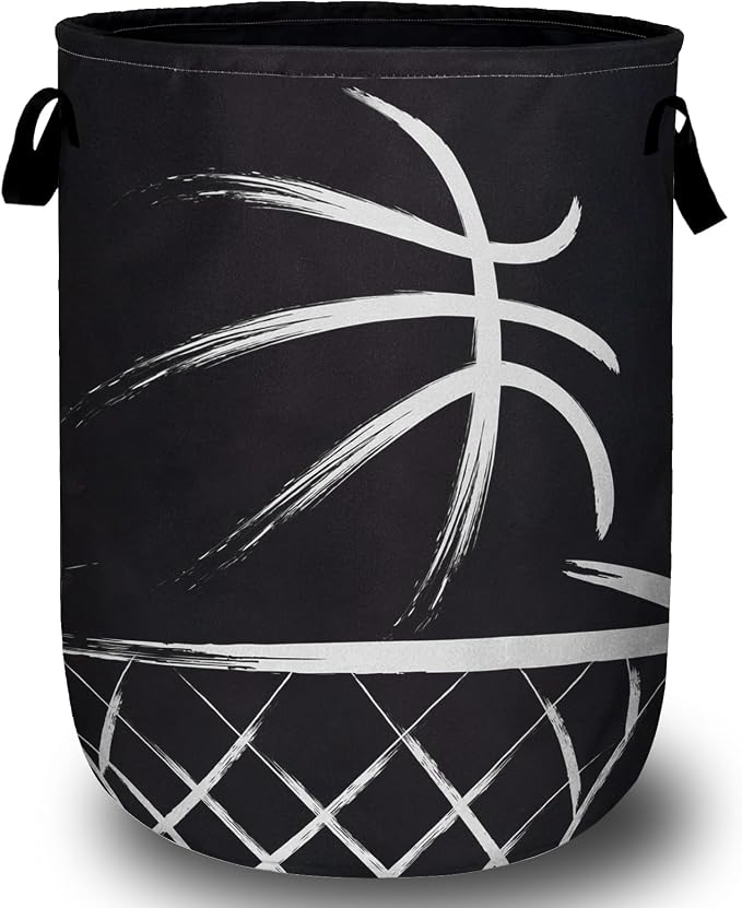 Black Basketball Laundry Basket, Foldable Sport Ball Theme Laundry Hamper Tote by Unknown