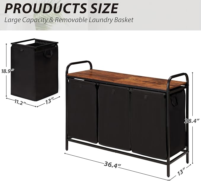3 Section Laundry Hamper with Shelf, Laundry Basket Organizer with 3 Pull-Out - Image 3
