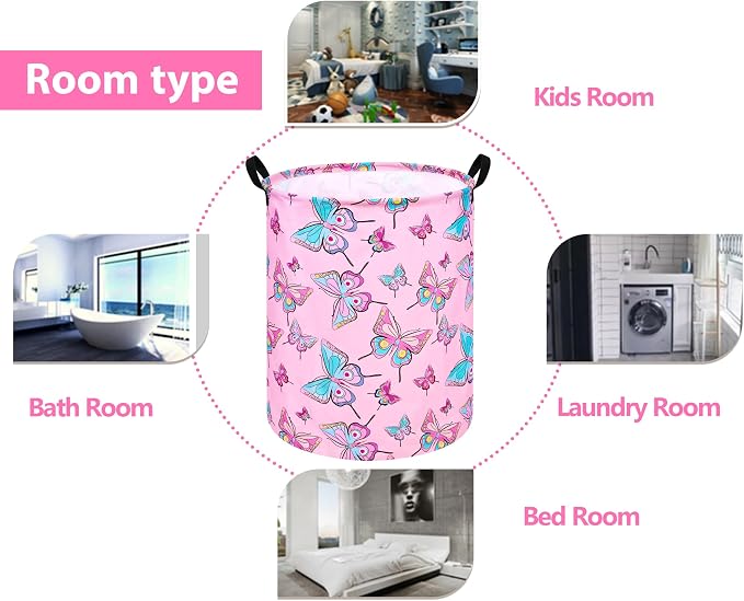 Round Pink Butterfly Laundry Basket Storage Bins Nursery Hamper Gift Baskets - Image 3