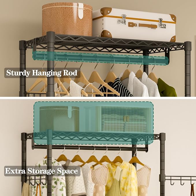 Heavy Duty Rolling Garment Rack, 3 Tiers Wire Shelves Adjustable Freestanding - Image 4