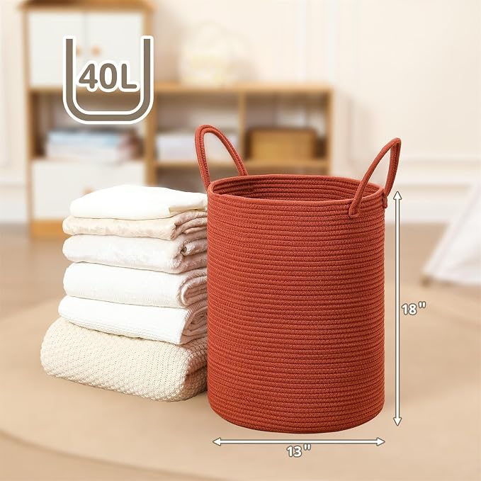 40L Woven Laundry Basket Hamper, 100% Natural Cotton Rope, Handwoven & Durable - Image 2