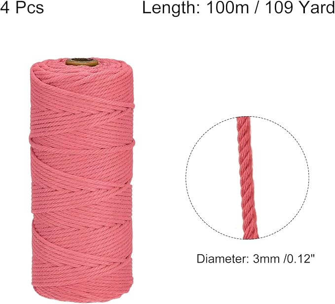 MECCANIXITY 4 Pcs Cotton Rope 4 Strand Twisted Braided Rope Cord, Bright Red - Image 2
