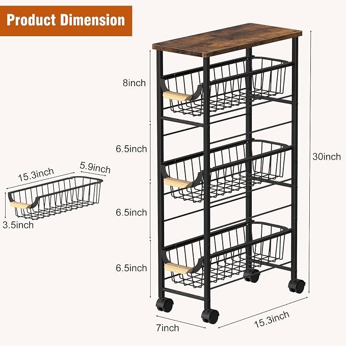4-Tier Slim Rolling Cart with Pull-Out Baskets & Wooden Top — Narrow Mobile - Image 5