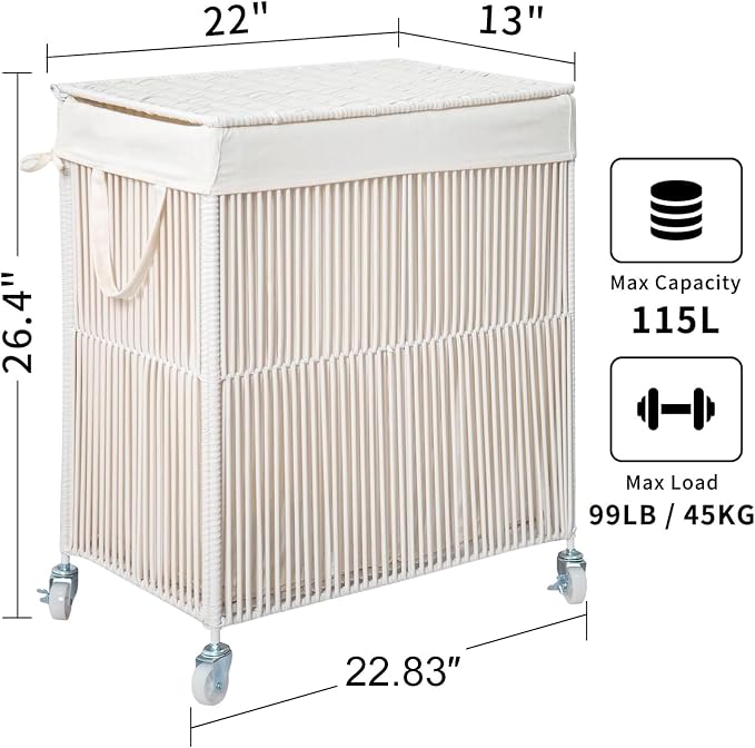 WOWLIVE Laundry Hamper with Wheels, Handwoven Rolling Laundry Basket with Lid - Image 3