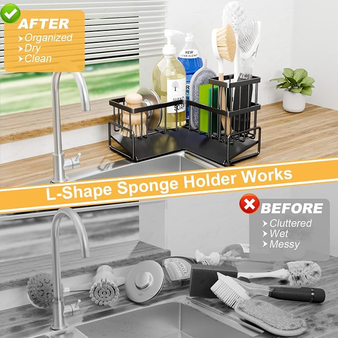 TEAMOLA L-Shaped Kitchen Sponge Holder, Extra Large Sponge Caddy - Image 3