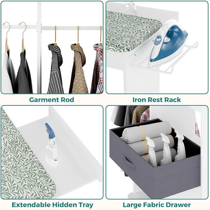 Rolling Ironing Board with Storage Cabinet, Wooden Ironing Board Cabinet with - Image 6