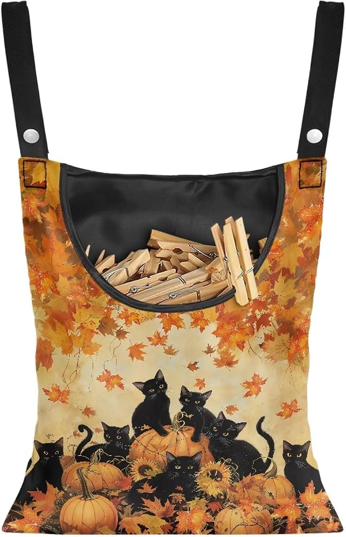 Cat Pumpkin Maple Hanging Clothes Pin Bag Clothespin Storage Organizer Large by Psesaysky