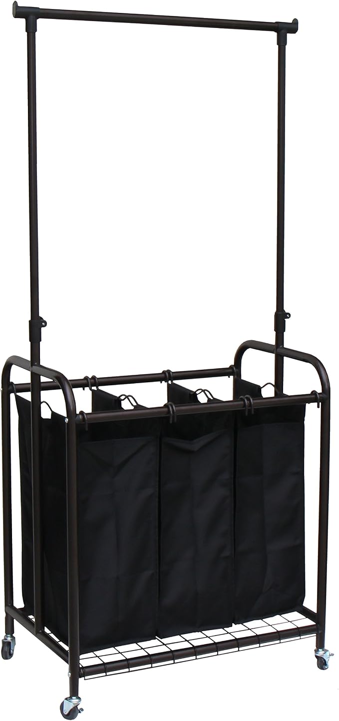 Oceanstar TLS1385 3-Bag Rolling Adjustable Hanging Bar Laundry Sorter by Oceanstar