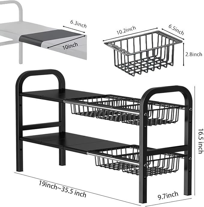 Under Sink Organizer，2 Tier Expandable Heavy Duty Metal Shelf，with 5 Removable - Image 2