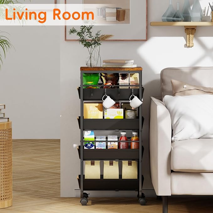 5-Tier Kitchen Storage Cart, Wood Top Rolling Cart Organizer - Image 4