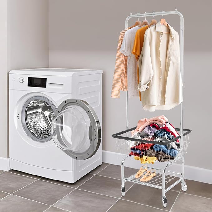 Laundry Cart with Clothes Rack Laundry Basket with Hanging Rack Cart with Extra - Image 4