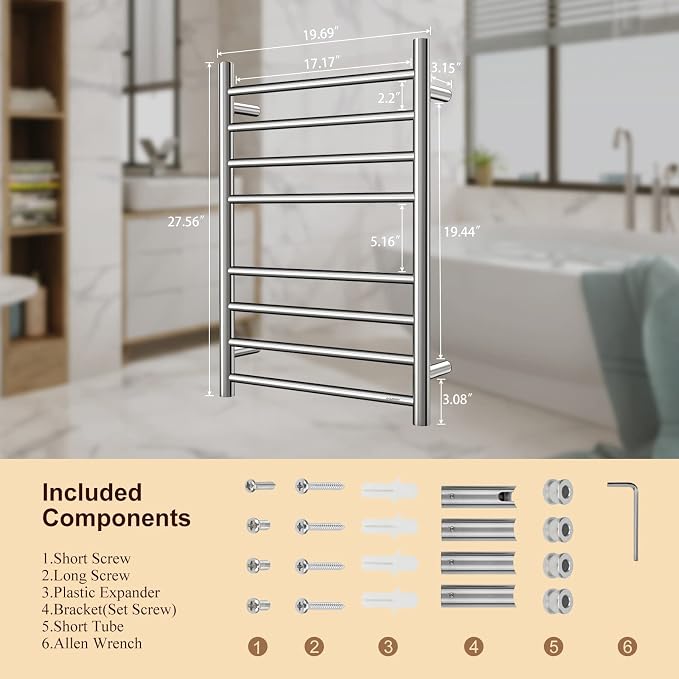 Towel Warmer Polished Chrome for Bathroom Wall Mounted Drying Rack Plug-in - Image 9