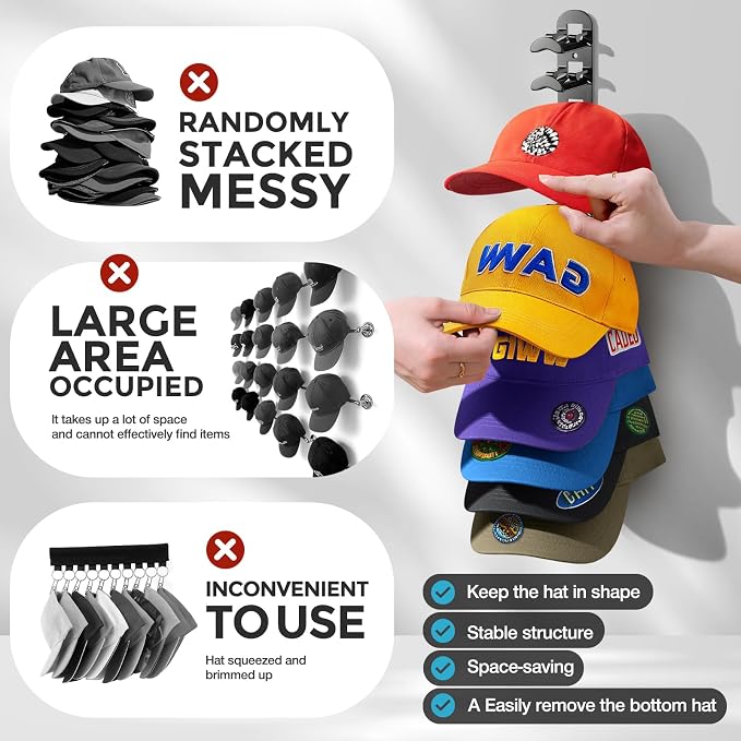 2 Pack Hat Organizer for Baseball Caps, Hat Rack for Wall Hold Up to 20 Hats - Image 5