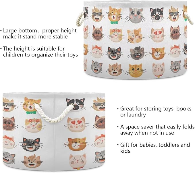 Cat Face Print Round Storage Basket Cute Kitten Large Laundry Hamper 20 x 20 x - Image 5