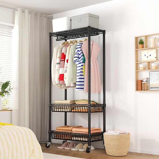 Heavy Duty Clothes Rack Rolling Garment Rack, 3 Tier Adjustable Wire Shelving - Image 7